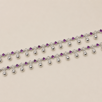 Silver Stunning Ruby Stone Anklet with Ghughru for Perfect Festive Vibes
