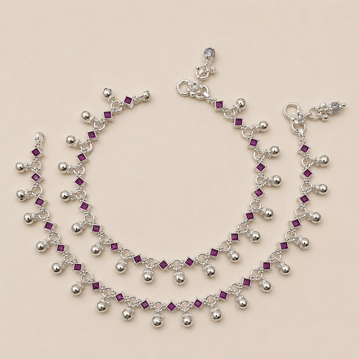 Silver Stunning Ruby Stone Anklet with Ghughru for Perfect Festive Vibes