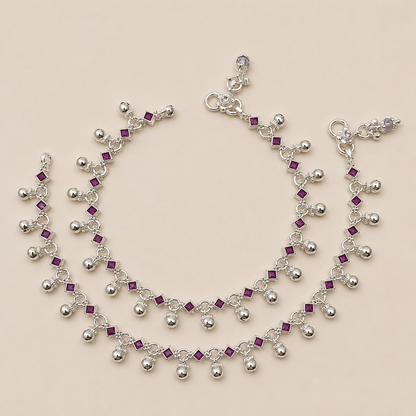 Silver Stunning Ruby Stone Anklet with Ghughru for Perfect Festive Vibes