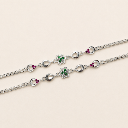 Silver Stylish Green Flower Anklet for Women - Simple & Minimal