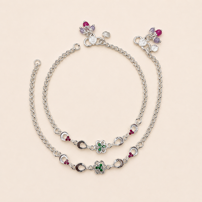 Silver Stylish Green Flower Anklet for Women - Simple & Minimal