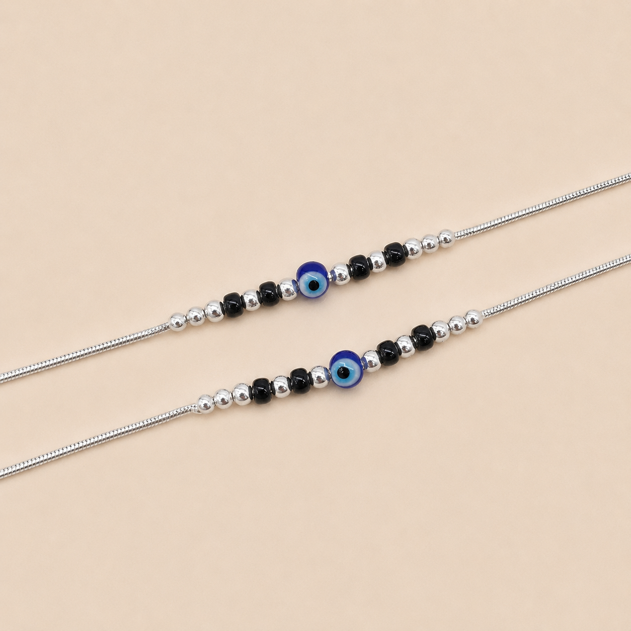 Silver Evil Eye with Black Beads Anklet for Casual Look