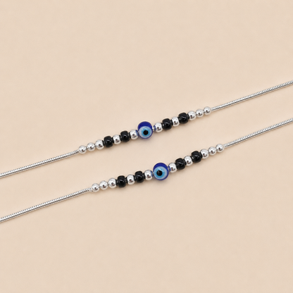 Silver Evil Eye with Black Beads Anklet for Casual Look