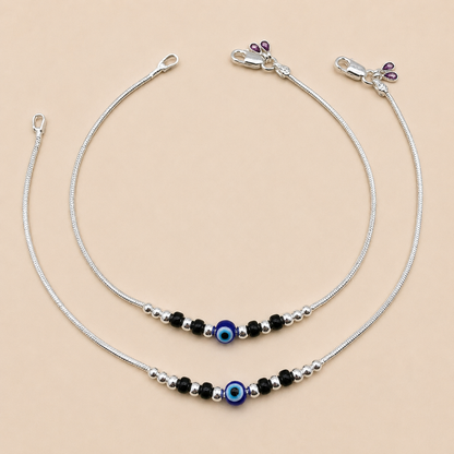 Silver Evil Eye with Black Beads Anklet for Casual Look