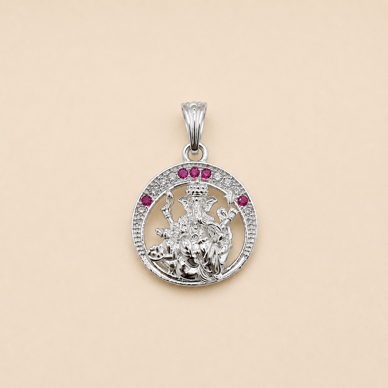 Silver Ganesh ji Pendant | Round with Pink Stones