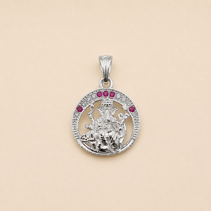 Silver Ganesh ji Pendant | Round with Pink Stones
