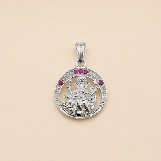 Silver Ganesh ji Pendant | Round with Pink Stones