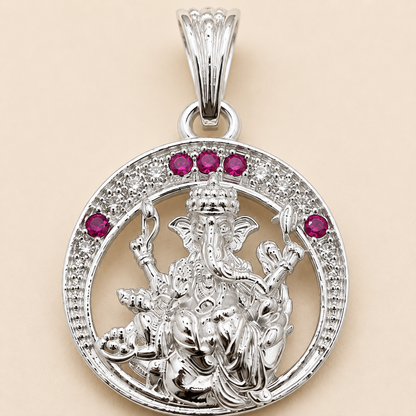 Silver Ganesh ji Pendant | Round with Pink Stones