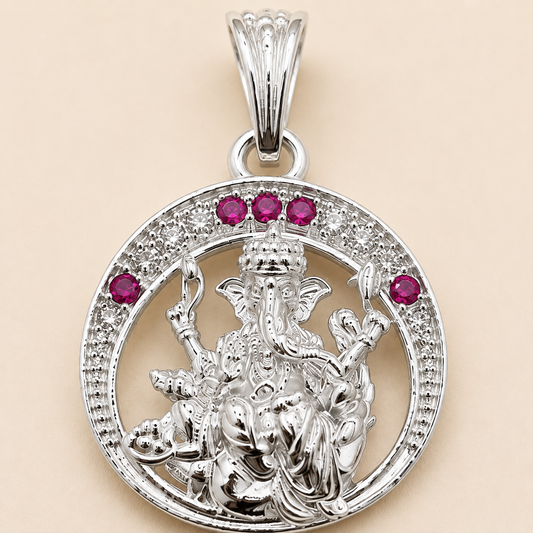 Silver Ganesh ji Pendant | Round with Pink Stones