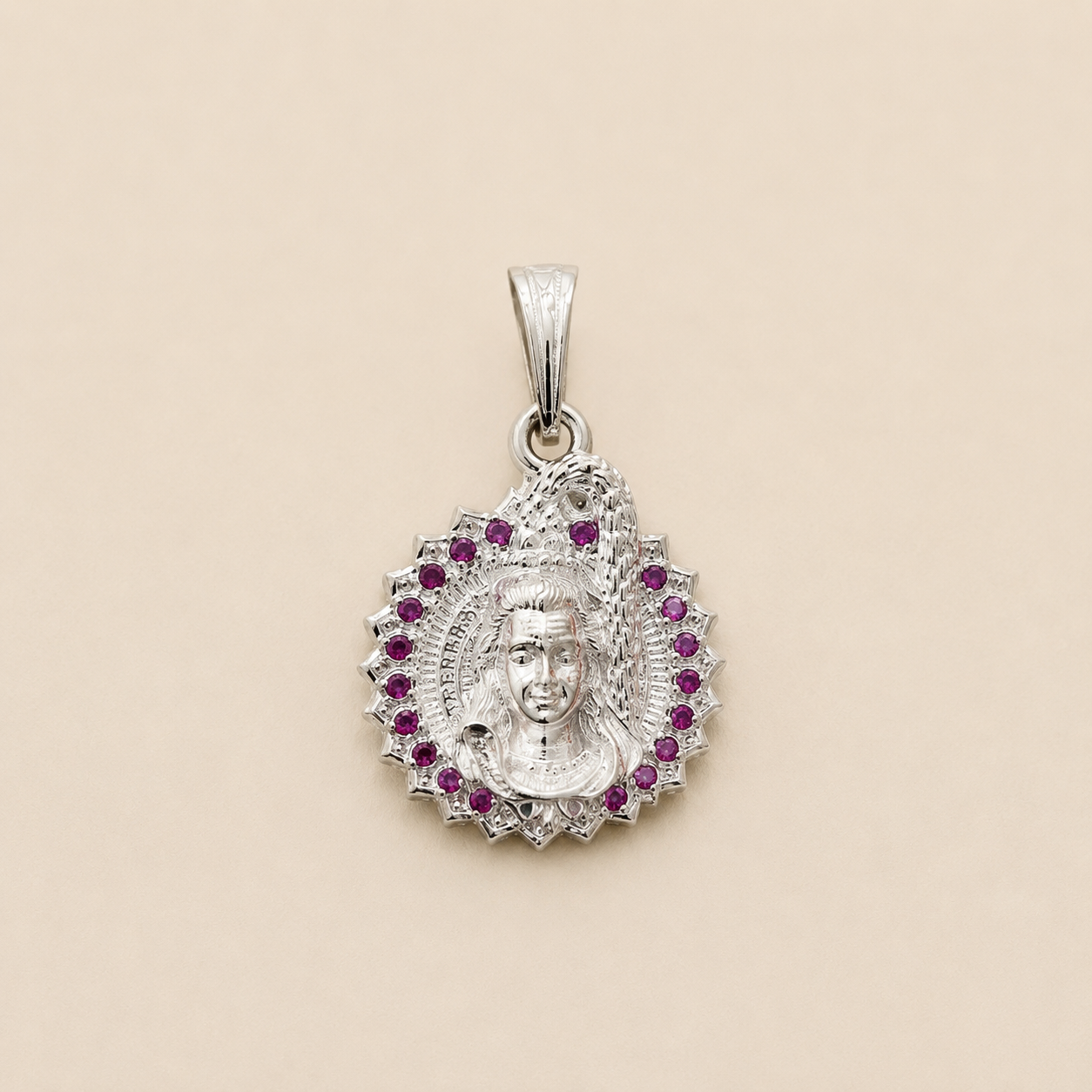 Silver Shiv ji Pendant with Pink Stones