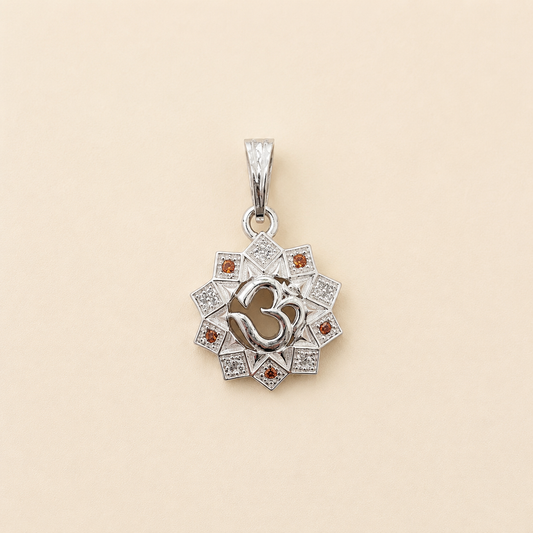 Silver Om Pendant with Orange Stone