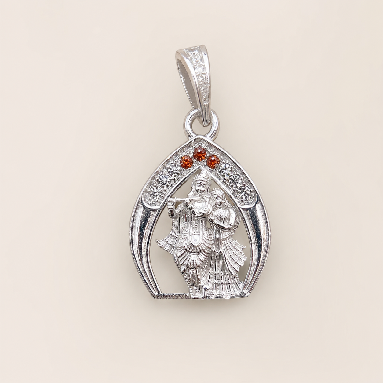 Silver Radha Krishna Pendant With Orange and White Cz Stones