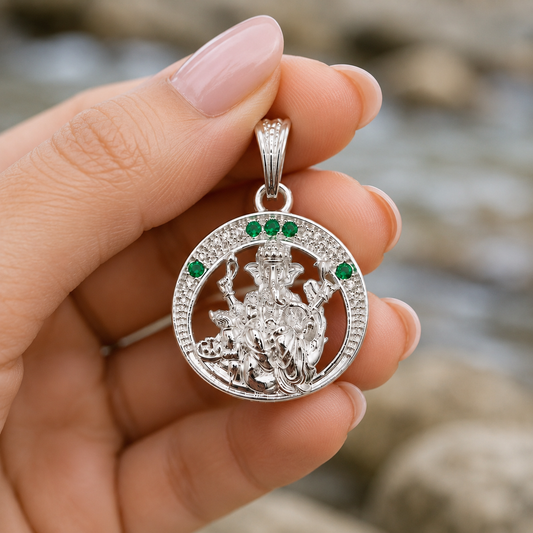 Silver Ganesh ji Pendant | Round with Green Stones