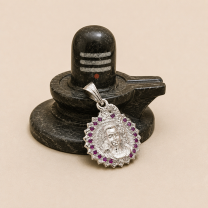 Silver Shiv ji Pendant with Pink Stones