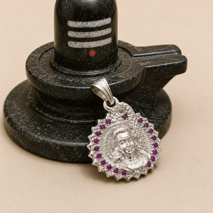 Silver Shiv ji Pendant with Pink Stones