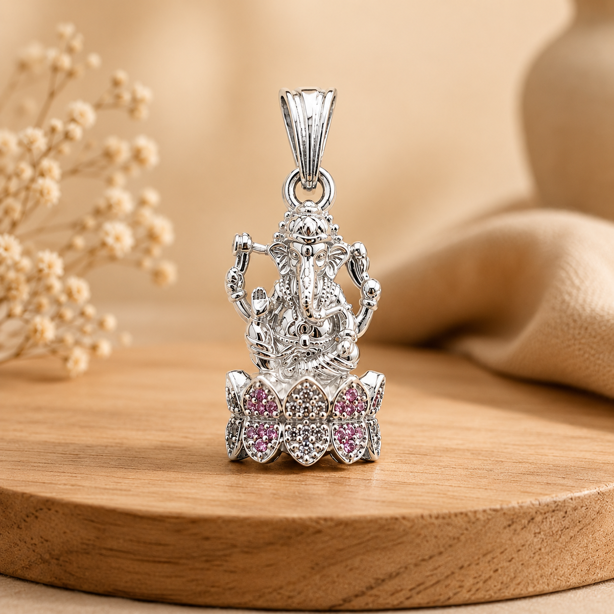 Silver Ganesh ji Pendant | Light Pink Stones