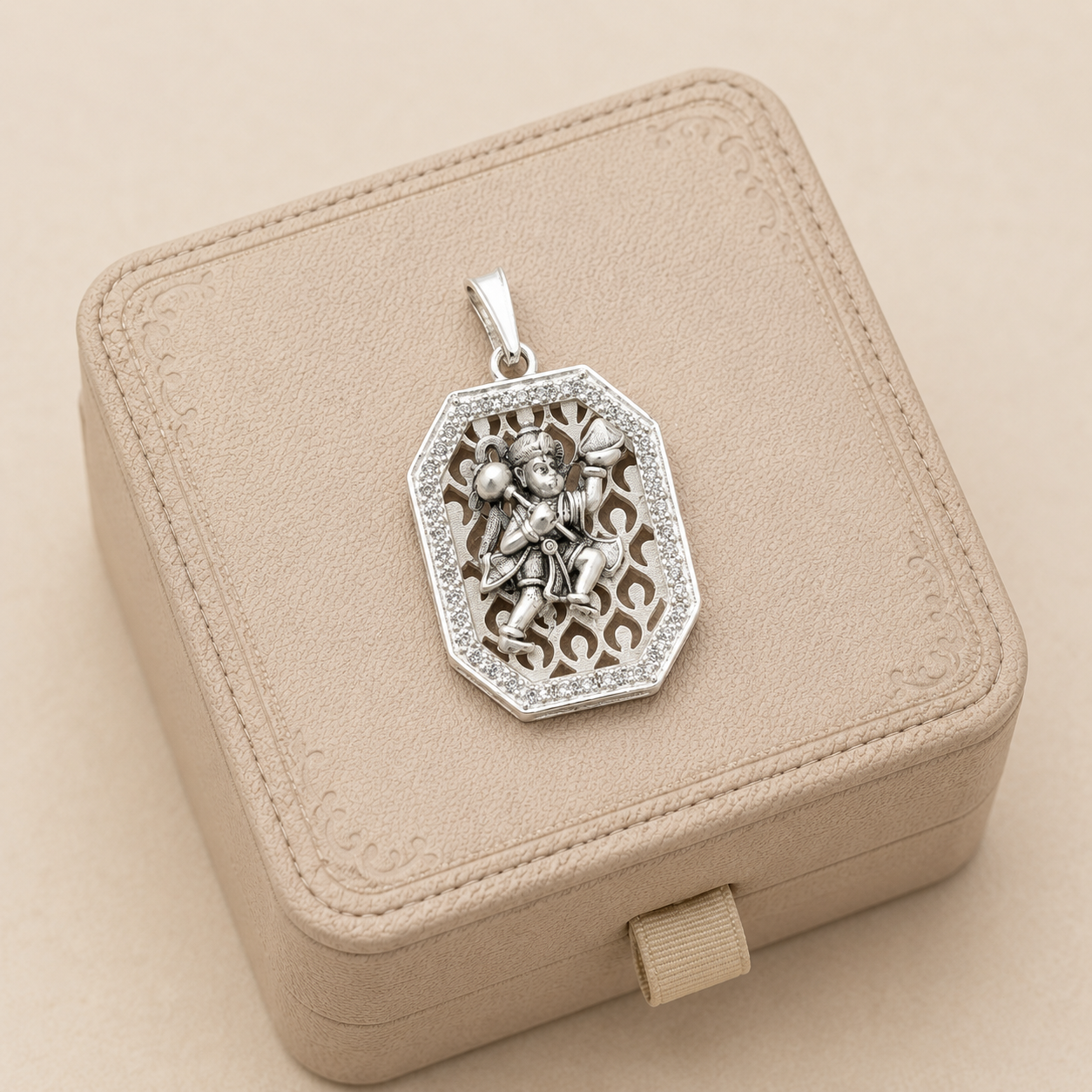 Silver Matte Finish Hanuman ji Pendant with Cz Stone