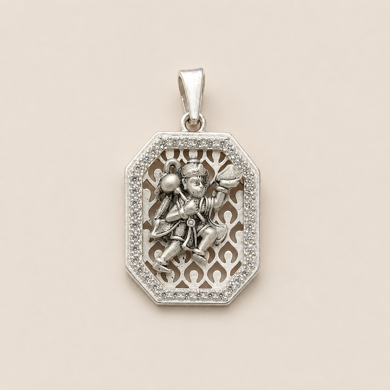 Silver Matte Finish Hanuman ji Pendant with Cz Stone