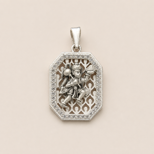 Silver Matte Finish Hanuman ji Pendant with Cz Stone