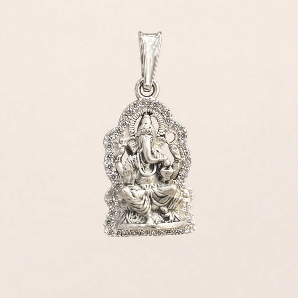 Silver Matte Finish Ganesh ji Pendant with Cz Stones Surrounding
