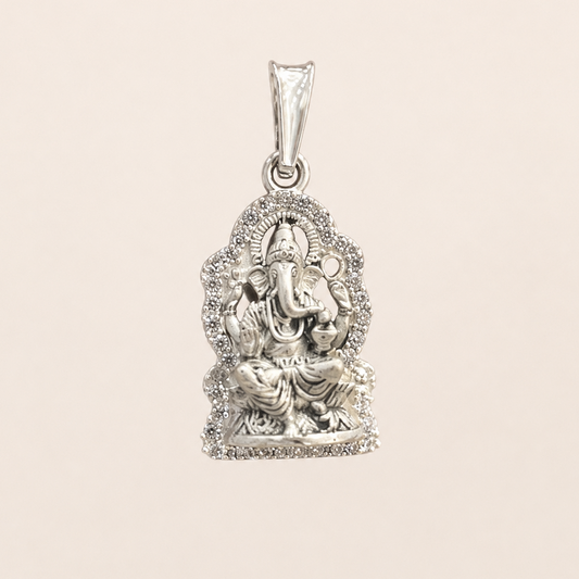 Silver Matte Finish Ganesh ji Pendant with Cz Stones Surrounding