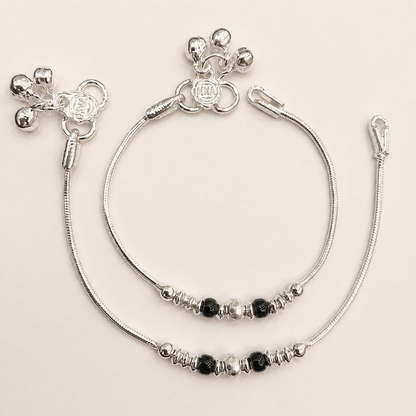 Silver 6.25 inch Black Beads Anklet For Kids
