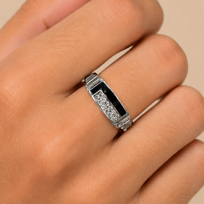92.5 Pure Silver Black Enamel with Cz Stones Ring for Him