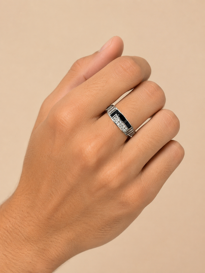 92.5 Pure Silver Black Enamel with Cz Stones Ring for Him
