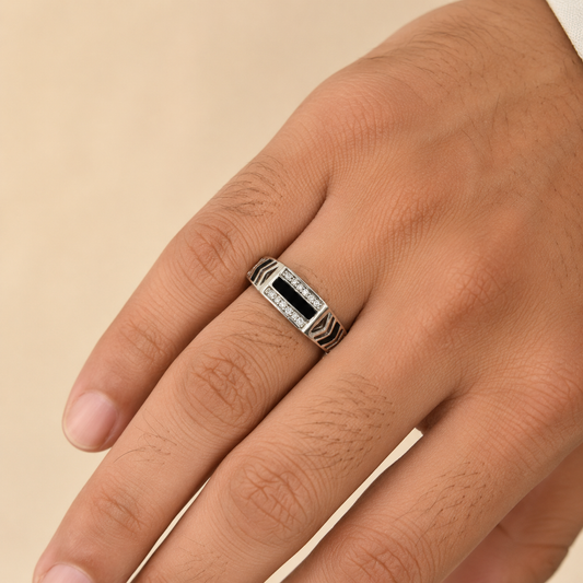 92.5 Pure Silver Black Enamel with  Cz Stone studded Ring for Him