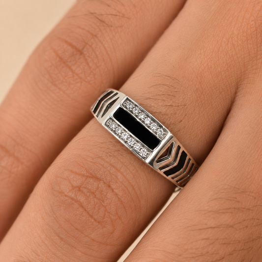 92.5 Pure Silver Black Enamel with  Cz Stone studded Ring for Him