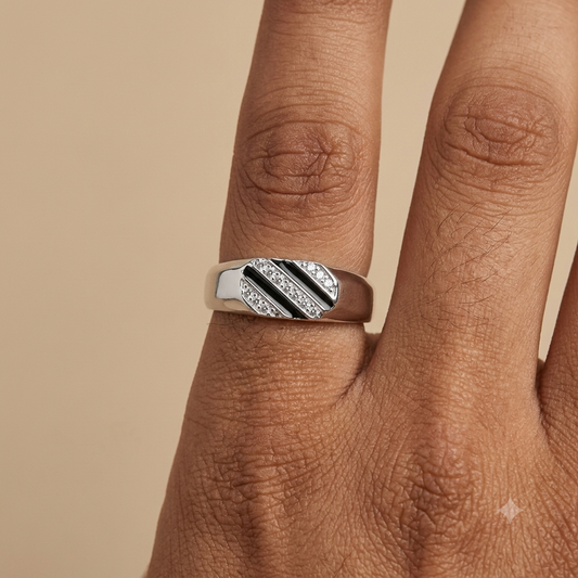 92.5 Pure Silver Black Enamel Cross Line Cz Studded Men Ring