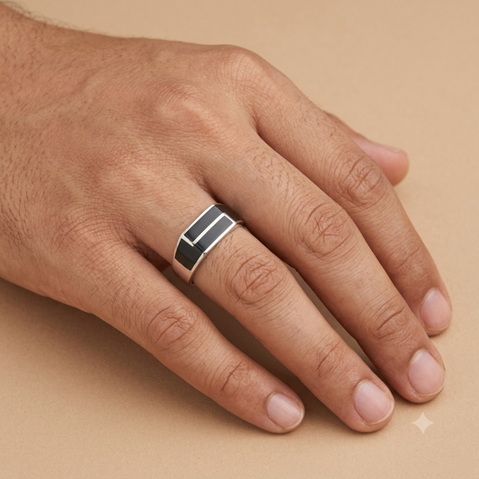 92.5 Pure Silver Black Enamel Mens Ring