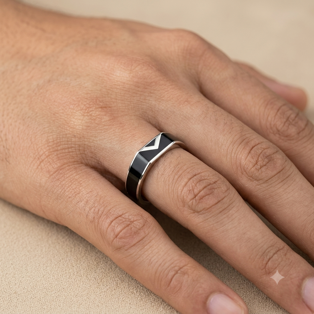 92.5 Pure Silver Black Enamel Sleek V Design Ring