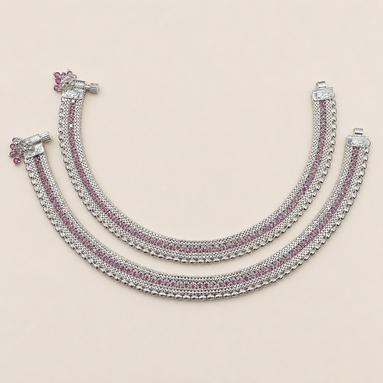 Silver Pink Cz Stones Bridal Anklet - Party Wear And Elegant
