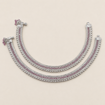 Silver Pink Cz Stones Bridal Anklet - Party Wear And Elegant