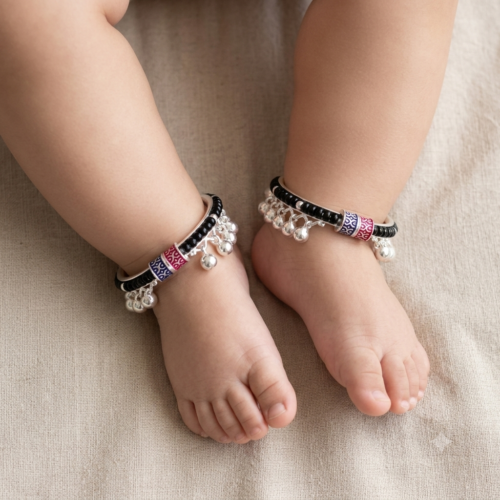 Silver 1.6 inch Black Beads Full Ghughru Kids Kada Payal