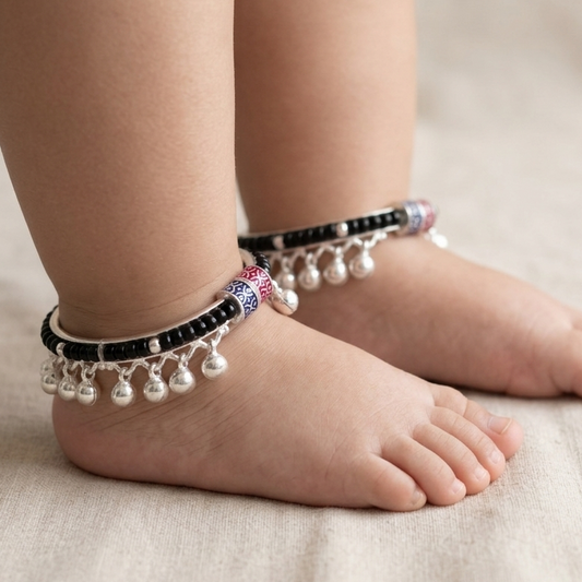 Silver 1.6 inch Black Beads Full Ghughru Kids Kada Payal