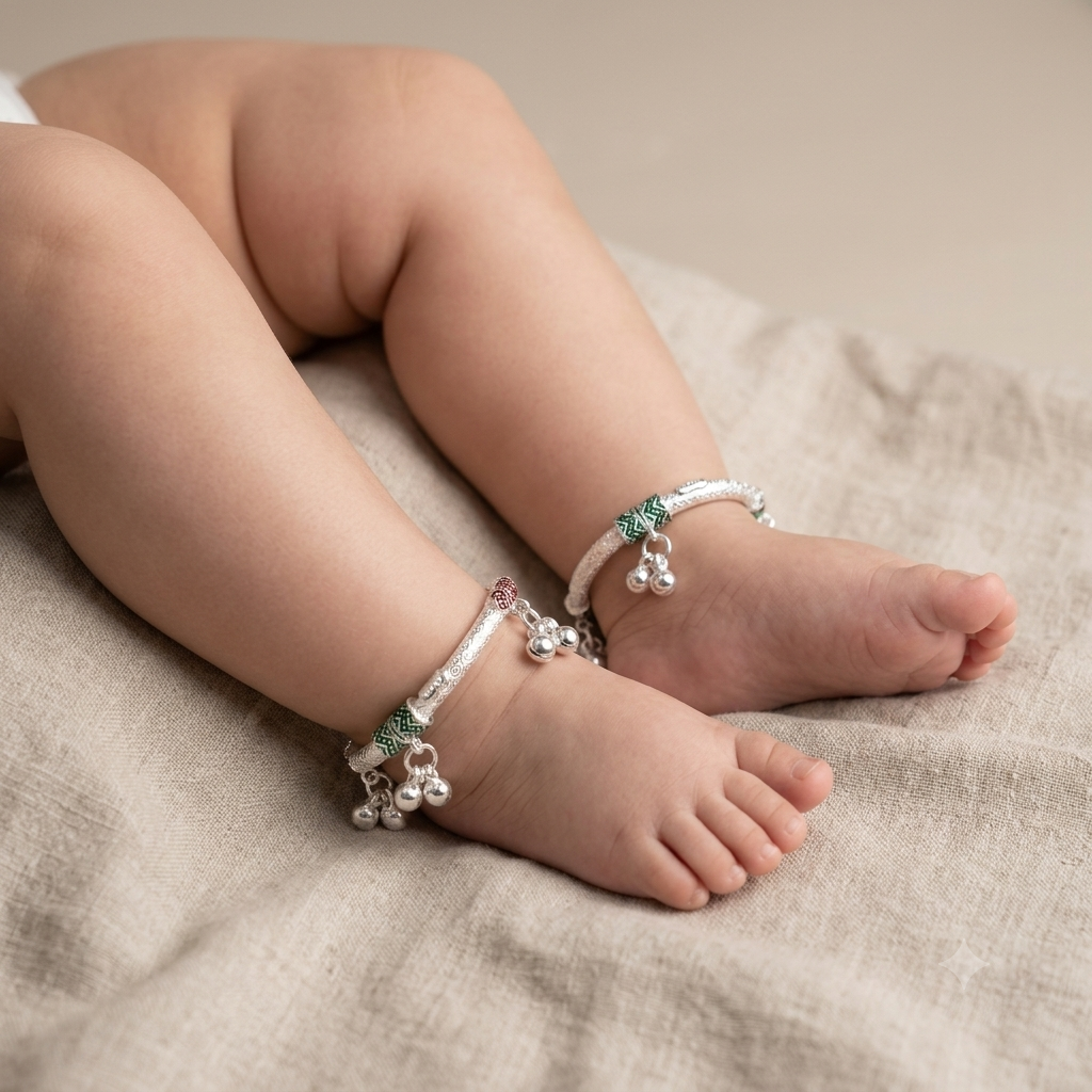 Silver 1.6 Inch Kids Kada Payal - Four Bunch of Ghughru