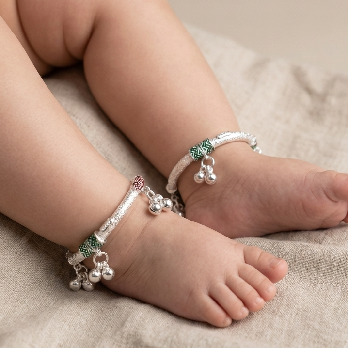 Silver 1.6 Inch Kids Kada Payal - Four Bunch of Ghughru