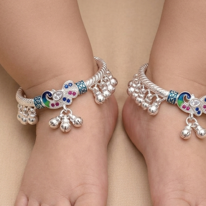 Silver 1.6 inch Peacock Style Full Ghughru Kids Kada Payal