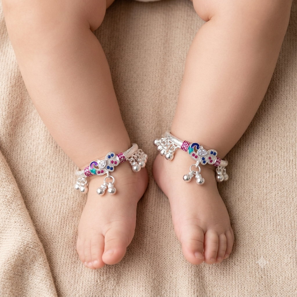 Silver 1.6 inch Peacock Design Full Ghughru Kids Kada Payal
