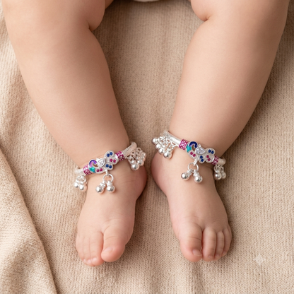 Silver 1.6 inch Peacock Design Full Ghughru Kids Kada Payal