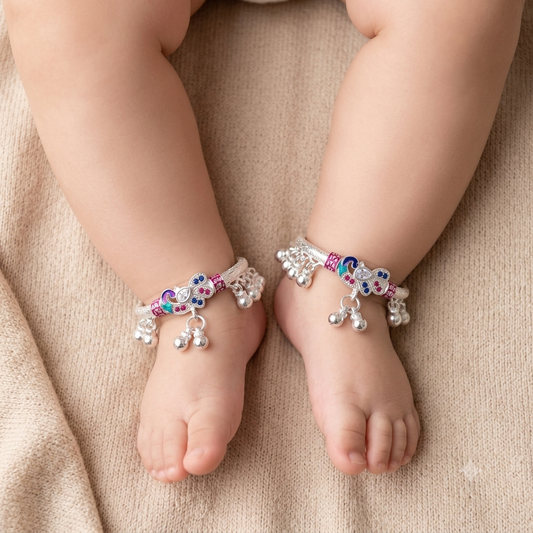 Silver 1.6 inch Peacock Design Full Ghughru Kids Kada Payal