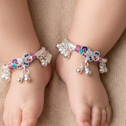 Silver 1.6 inch Peacock Design Full Ghughru Kids Kada Payal
