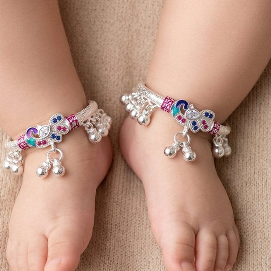Silver 1.6 inch Peacock Design Full Ghughru Kids Kada Payal
