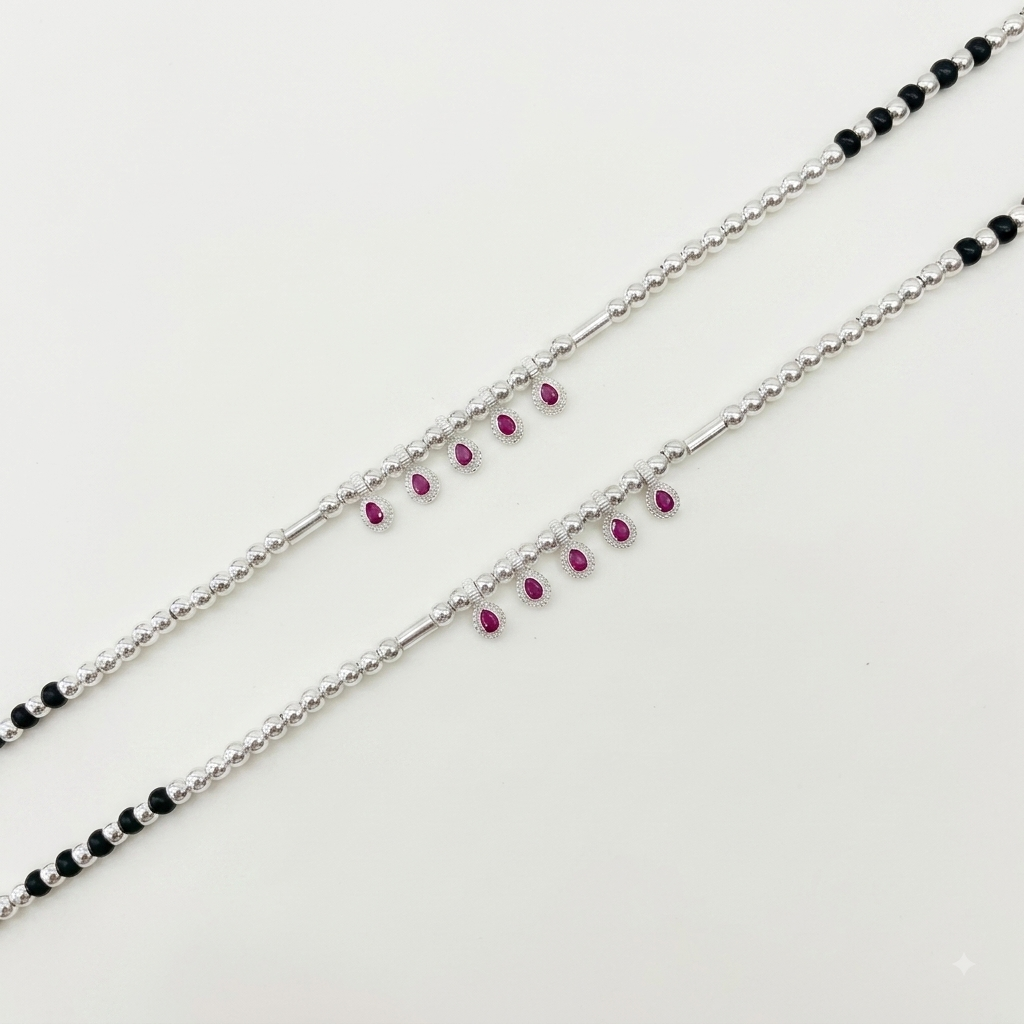 Silver Black And Silver Beads with Pink Hanging Charms Anklet