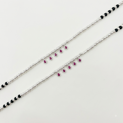 Silver Black And Silver Beads with Pink Hanging Charms Anklet