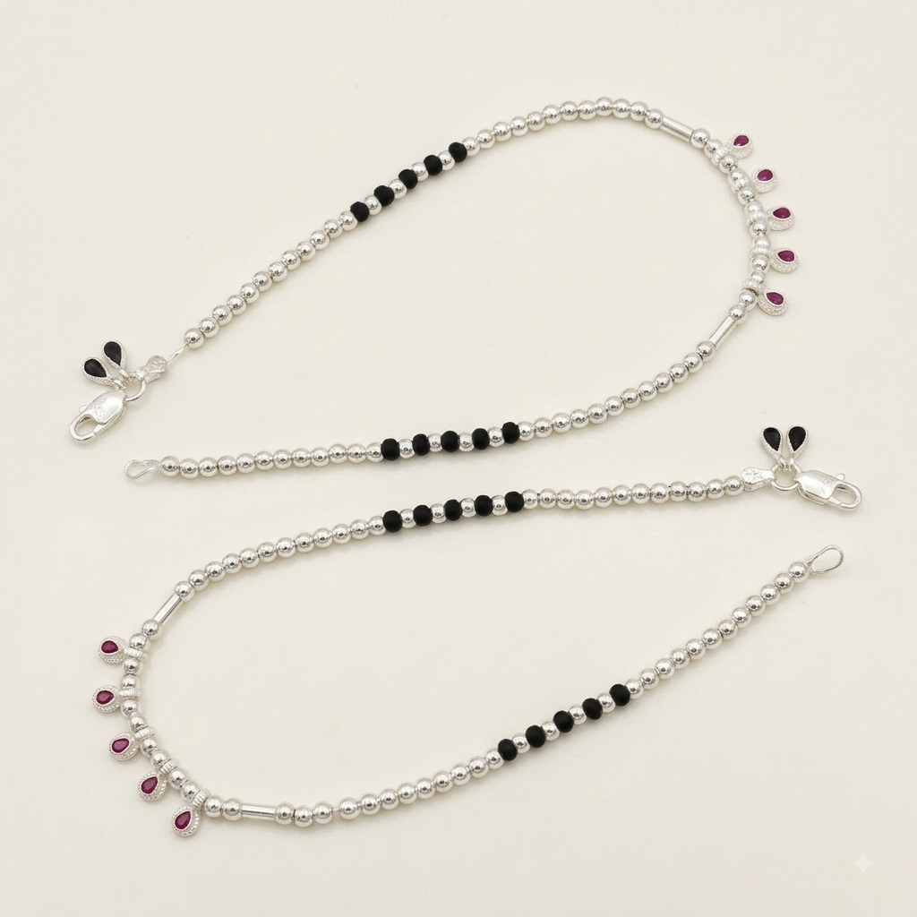Silver Black And Silver Beads with Pink Hanging Charms Anklet