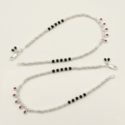 Silver Black And Silver Beads with Pink Hanging Charms Anklet