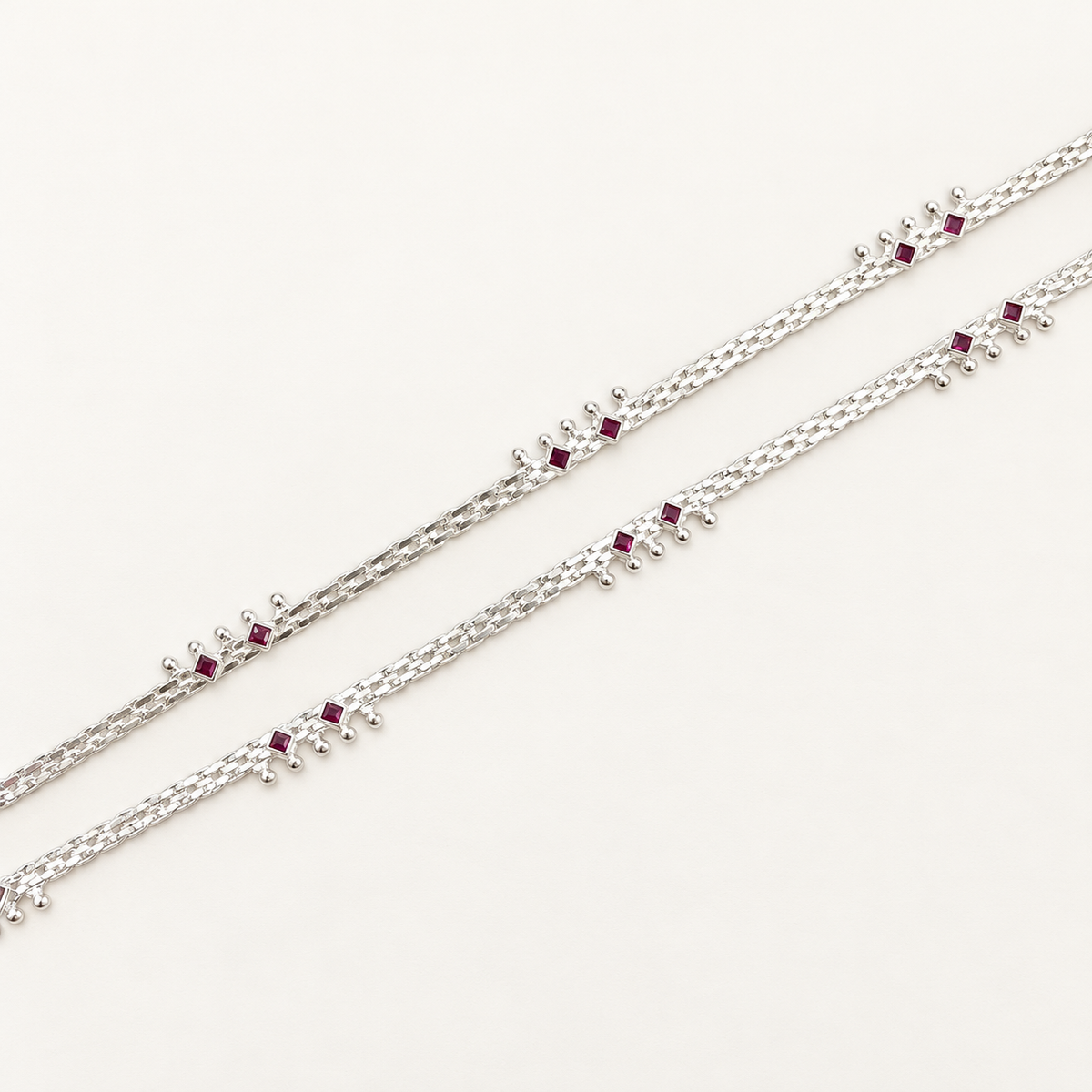 Silver Flat Style Anklet with Ruby Stones
